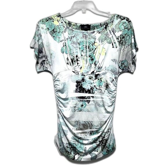 Byline Byer Blouse Short Sleeve Floral Watercolor Print White Womens sz Large - Picture 1 of 8
